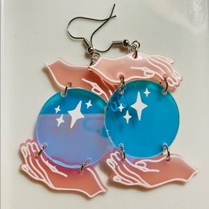Holding earth earrings, hand charm, cute, large earrings, funny